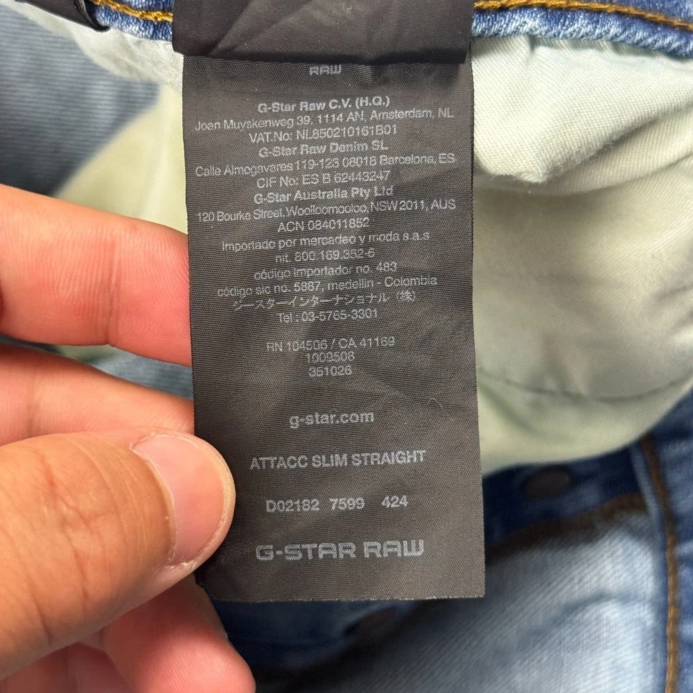 G Star Raw Attacc Slim Straight Jeans Mens 38x32 Blue Whiskering Denim Mid Rise